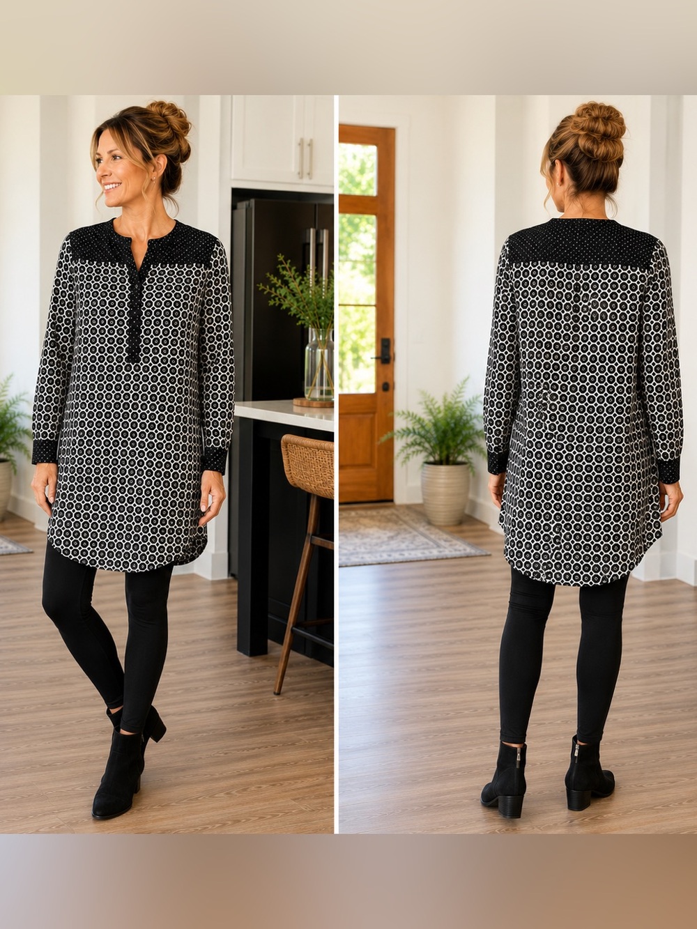 LOFT Mixed Print Shift Dress | Dark Grey & Ivory | Long Sleeve | Size Small